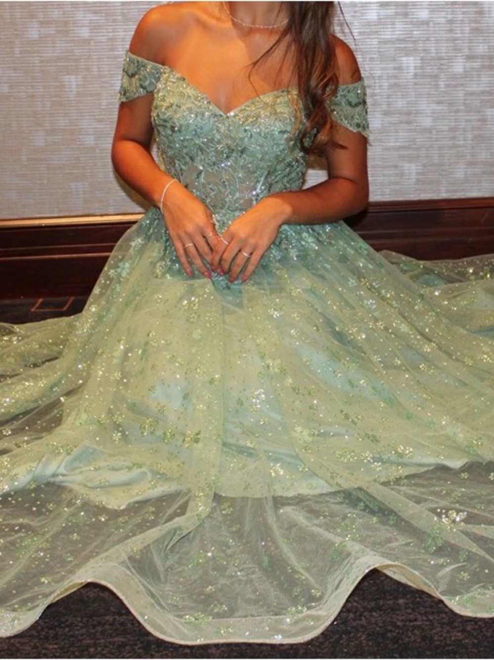 B Darlin Off-Shoulder Mint Sequin Ball Gown